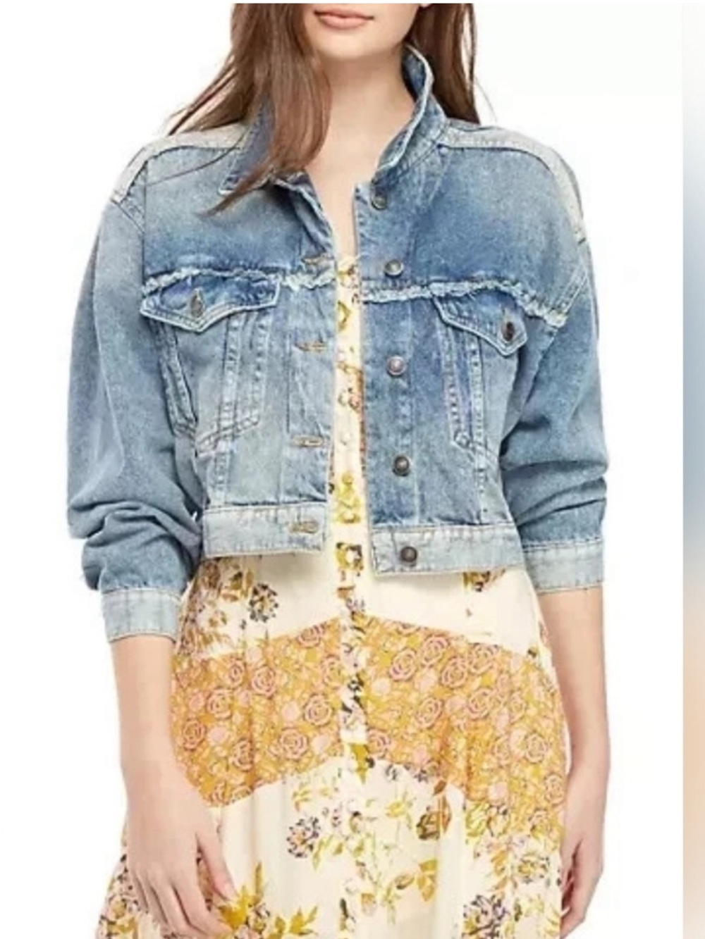 Free People Bedford Cropped Denim Jacket Medium Wash Distressed Jean Frayed M